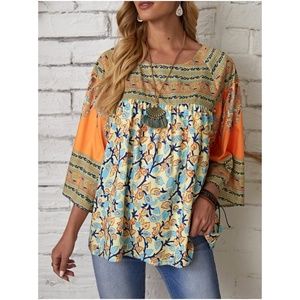 Boho Floral Print Mustard Color Block Top Casual
